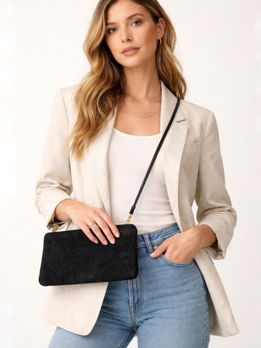 Vintage Magid Soft Suede Black Slim Line Zipper Top Crossbody Clutch Bag
